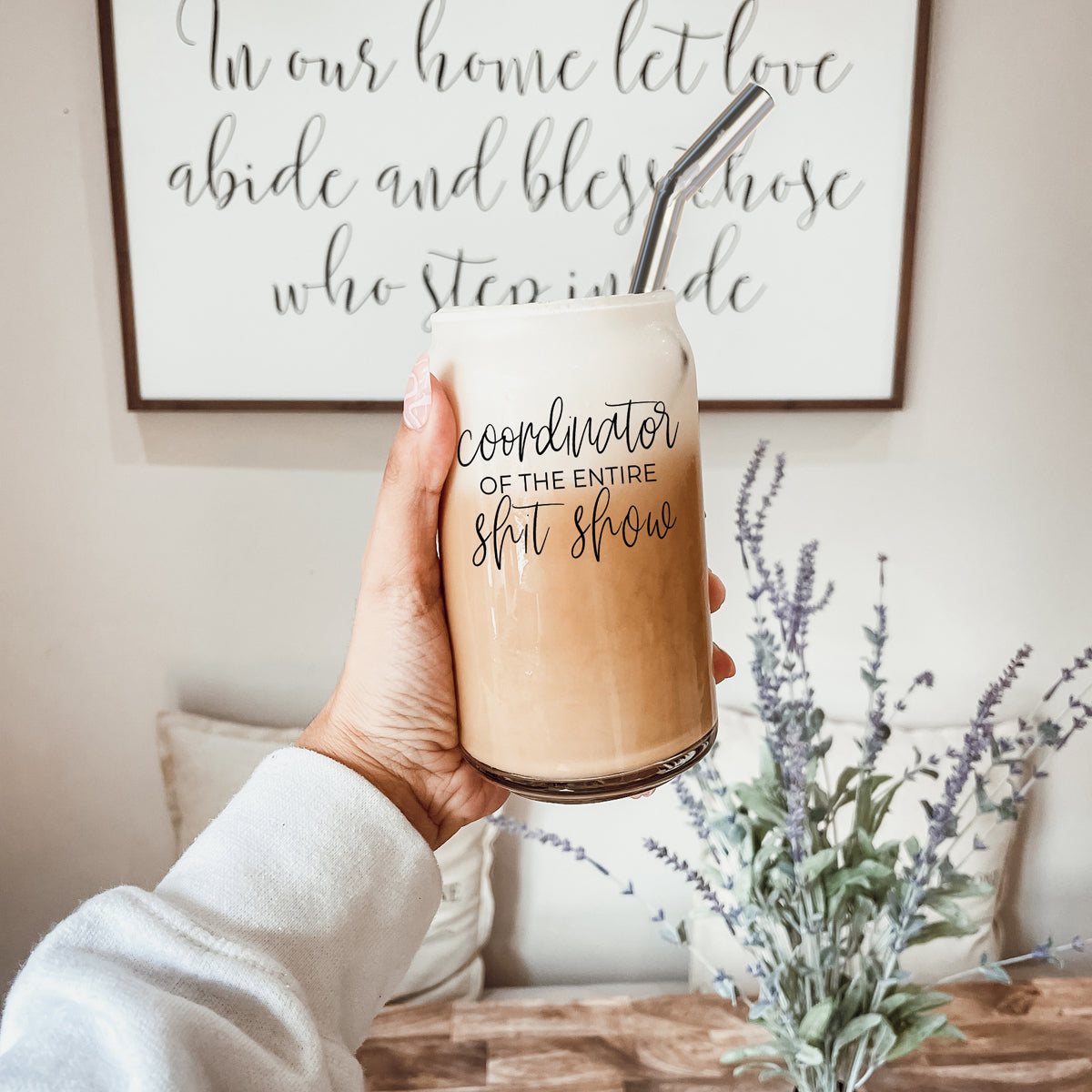 Shit Show Coordinator 17oz Glass Tumbler With Bamboo Lid, 2 Stainless Straws BandsCo Straps