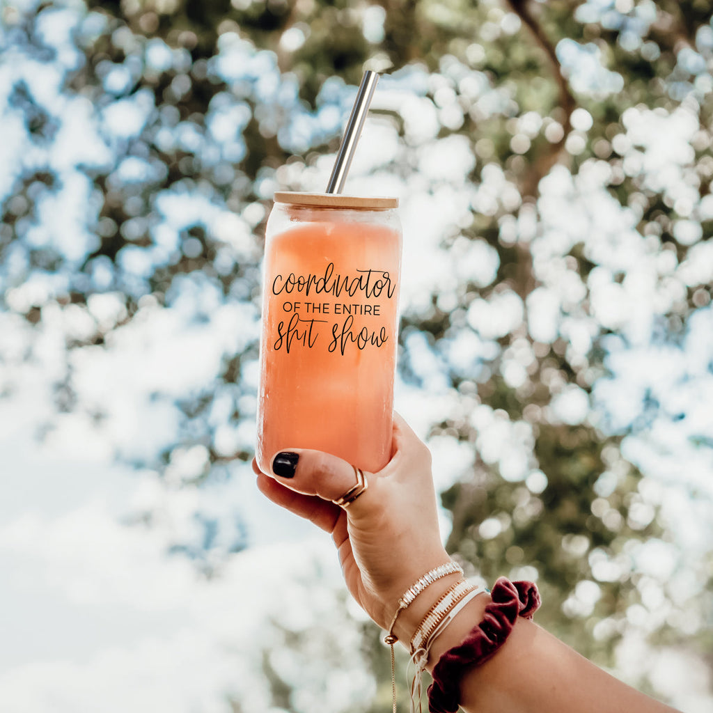 Shit Show Coordinator 17oz Glass Tumbler With Bamboo Lid, 2 Stainless Straws BandsCo Straps