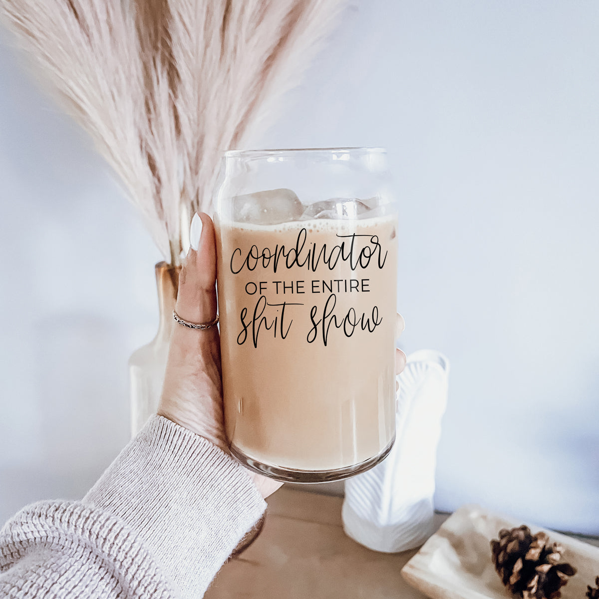 Shit Show Coordinator 17oz Glass Tumbler With Bamboo Lid, 2 Stainless Straws BandsCo Straps
