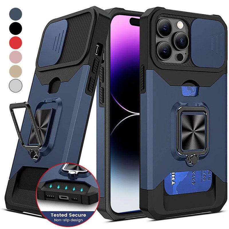 Shockproof Camera Cover & Kickstand  Heavy Duty Protective Case Suitable For iPhone 14 Pro Max Card Push Anti-fall Mobile Phone Case iPhone 13 12 11 Pro Max Ring Protective Cover Stevvex