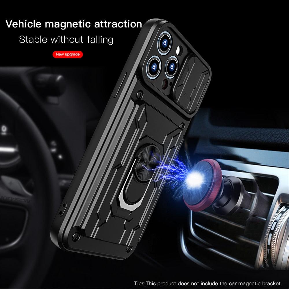 Shockproof Case for iPhone 13 12 11 Pro Max With Card Slot Ring Stand Camera Protection Phone Cover for iPhone XR XS Max Removable Card Holder Ring Holder Shockproof Protection Cover Stevvex