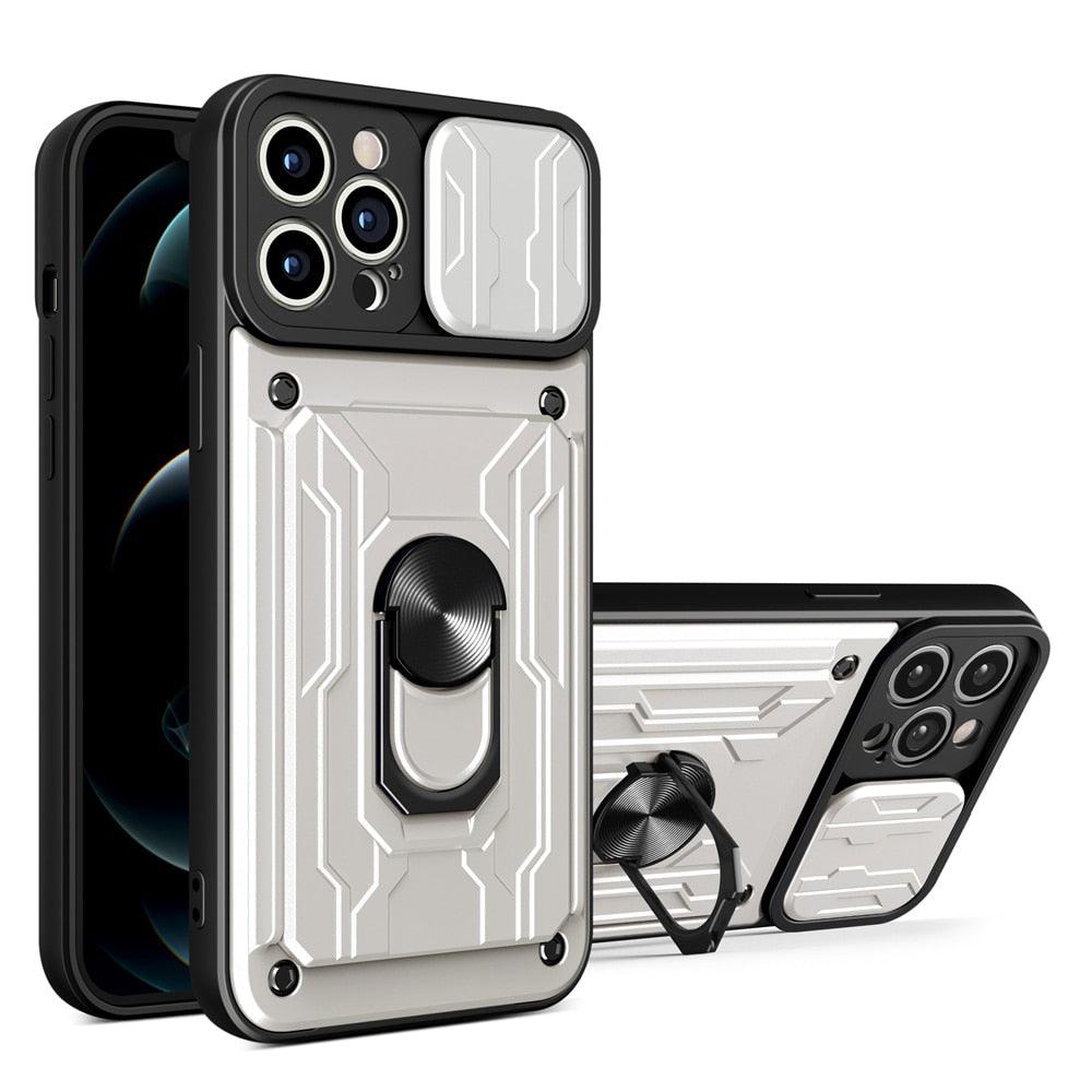 Shockproof Case for iPhone 13 12 11 Pro Max With Card Slot Ring Stand Camera Protection Phone Cover for iPhone XR XS Max Removable Card Holder Ring Holder Shockproof Protection Cover Stevvex