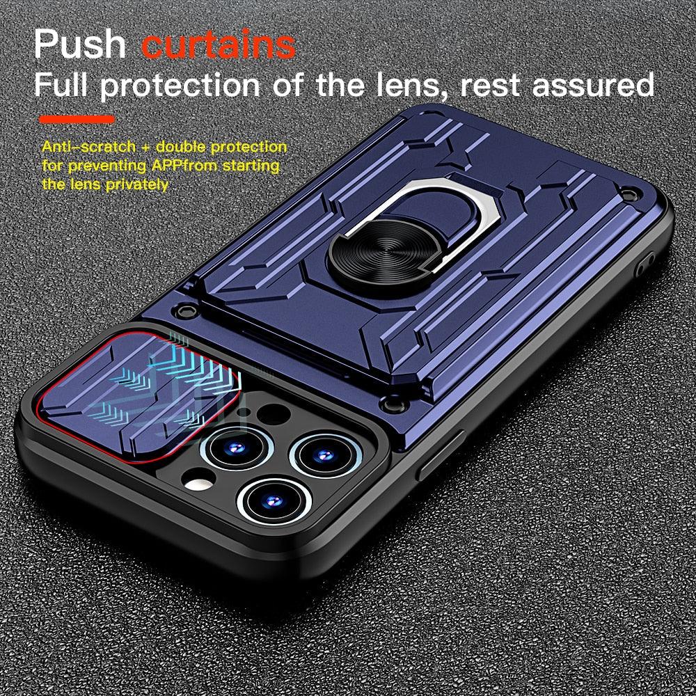 Shockproof Case for iPhone 13 12 11 Pro Max With Card Slot Ring Stand Camera Protection Phone Cover for iPhone XR XS Max Removable Card Holder Ring Holder Shockproof Protection Cover Stevvex