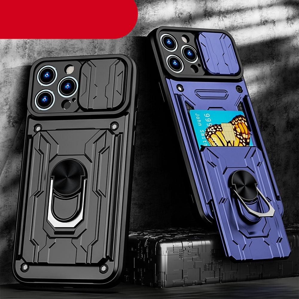 Shockproof Case for iPhone 13 12 11 Pro Max With Card Slot Ring Stand Camera Protection Phone Cover for iPhone XR XS Max Removable Card Holder Ring Holder Shockproof Protection Cover Stevvex