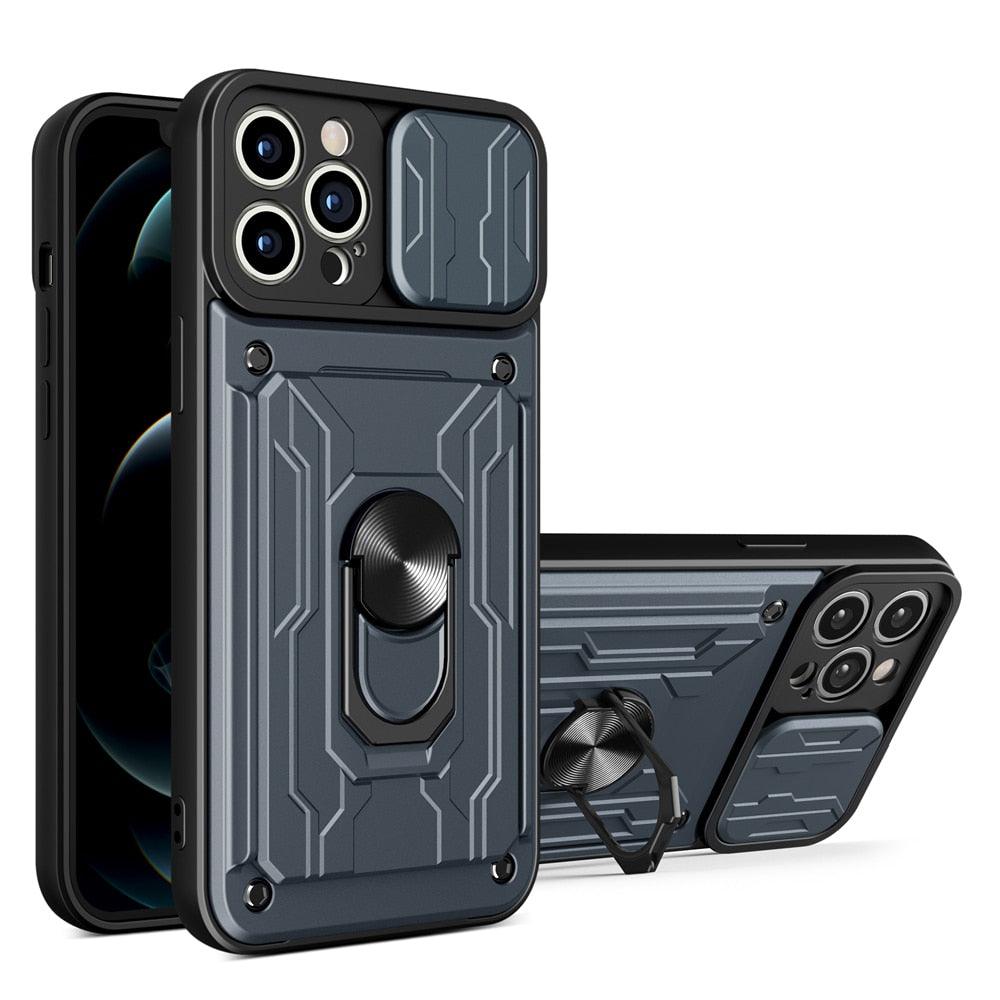 Shockproof Case for iPhone 13 12 11 Pro Max With Card Slot Ring Stand Camera Protection Phone Cover for iPhone XR XS Max Removable Card Holder Ring Holder Shockproof Protection Cover Stevvex