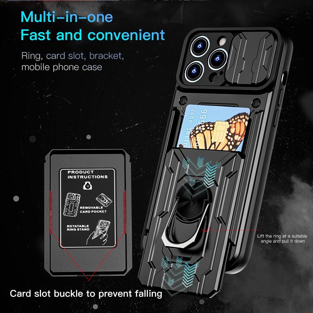 Shockproof Case for iPhone 13 12 11 Pro Max With Card Slot Ring Stand Camera Protection Phone Cover for iPhone XR XS Max Removable Card Holder Ring Holder Shockproof Protection Cover Stevvex