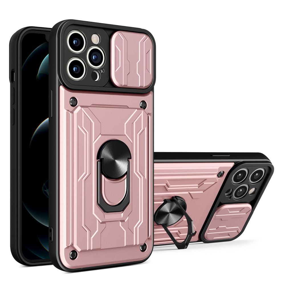 Shockproof Case for iPhone 13 12 11 Pro Max With Card Slot Ring Stand Camera Protection Phone Cover for iPhone XR XS Max Removable Card Holder Ring Holder Shockproof Protection Cover Stevvex