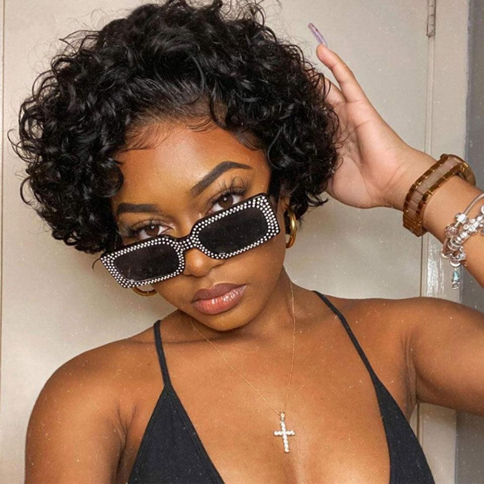 Short Curly Human Hair Wigs Pixie Cut Wigs Lace Front Wigs for Women Remy Hair Wig for Women Pre Plucked with Baby Hair Wigs For Black Women Gifts for Girlfriends Stevvex
