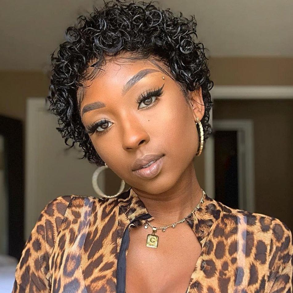 Short Pixie Cut Wig Bob Curly Human Hair Wig Brazilian Hair Wigs for Women Pre Plucked with Baby Hair Non Lace Human Hair Wigs For Black Women Gifts for Girlfriends Stevvex