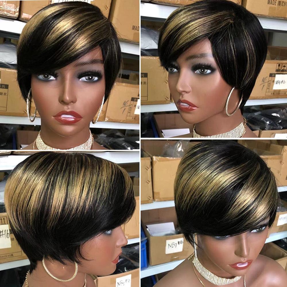 Short Pixie Cut Wig Human Hair Wigs Straight Bob Wigs With Bangs Full Machine Human Hair Wig for Black Women Black & Ombre Wigs For Black Women Gifts for Girlfriends Stevvex