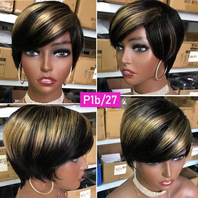 Short Pixie Cut Wig Human Hair Wigs Straight Bob Wigs With Bangs Full Machine Human Hair Wig for Black Women Black & Ombre Wigs For Black Women Gifts for Girlfriends Stevvex