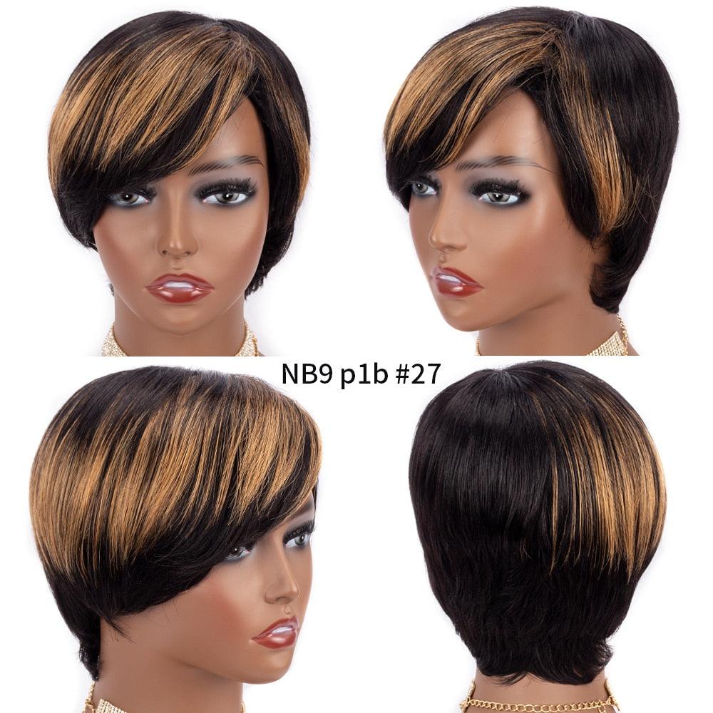 Short Pixie Cut Wig Human Hair Wigs Straight Bob Wigs With Bangs Full Machine Human Hair Wig for Black Women Black & Ombre Wigs For Black Women Gifts for Girlfriends Stevvex