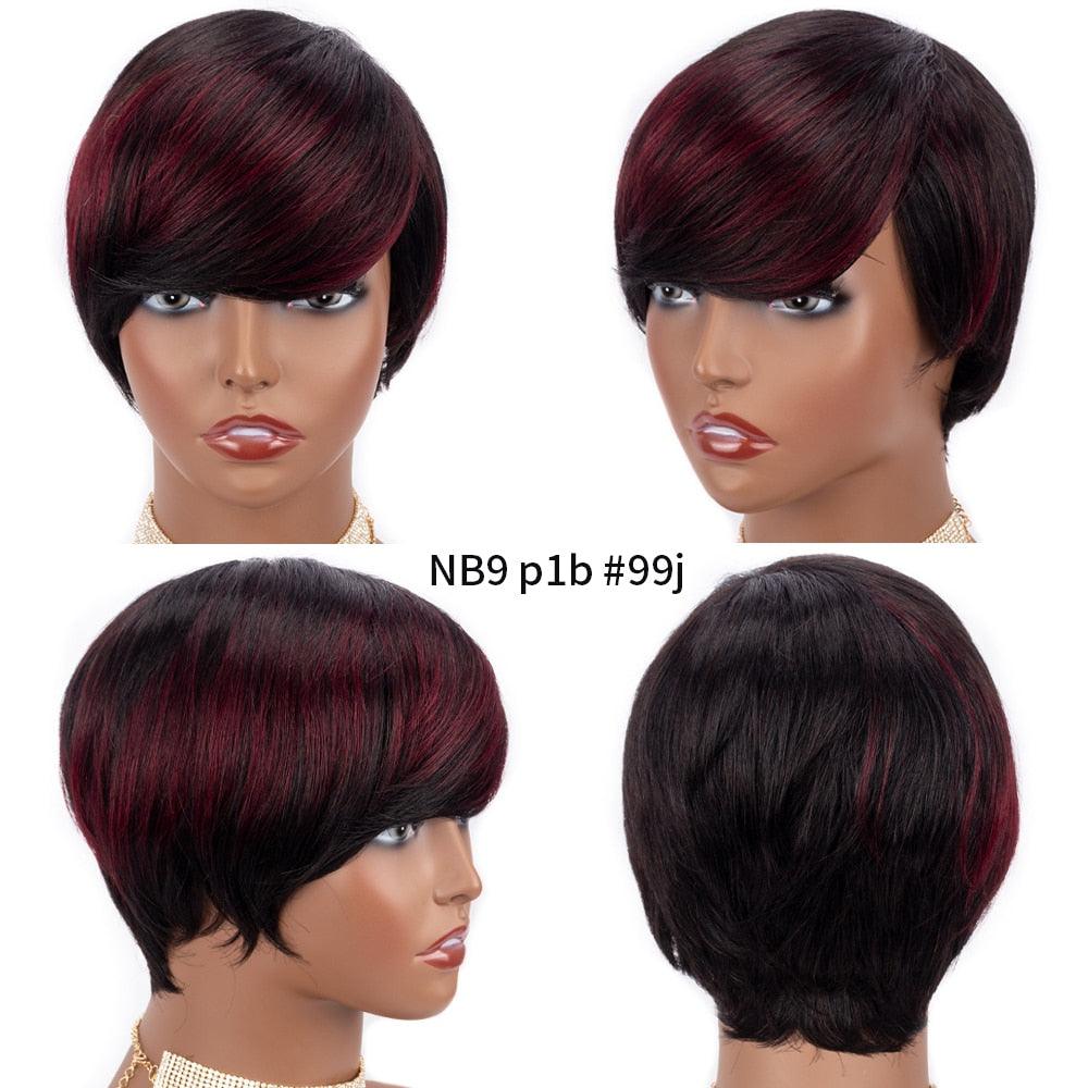 Short Pixie Cut Wig Human Hair Wigs Straight Bob Wigs With Bangs Full Machine Human Hair Wig for Black Women Black & Ombre Wigs For Black Women Gifts for Girlfriends Stevvex