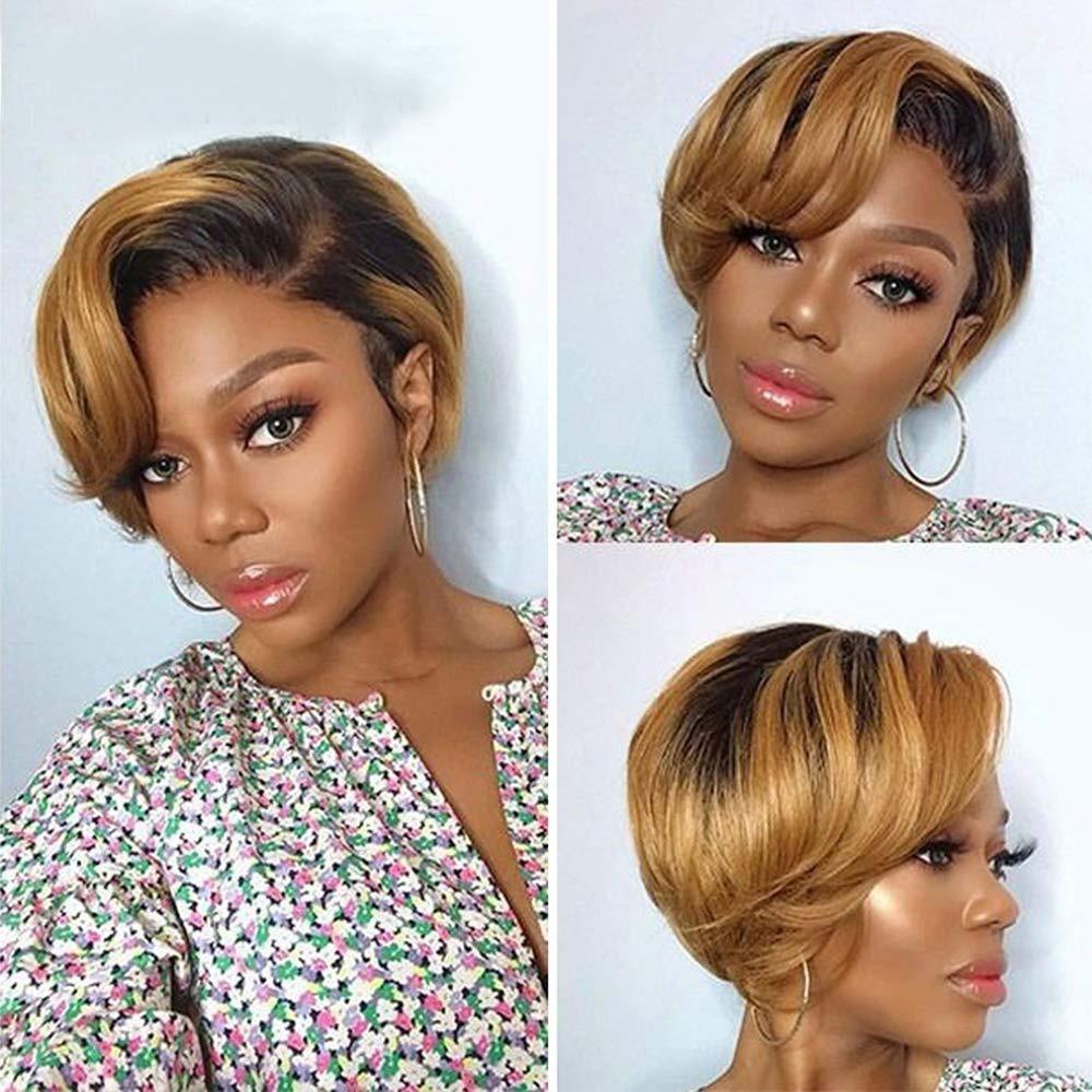 Short Pixie Cut Wig Human Hair Wigs Straight Bob Wigs With Bangs Full Machine Human Hair Wig for Black Women Black & Ombre Wigs For Black Women Gifts for Girlfriends Stevvex