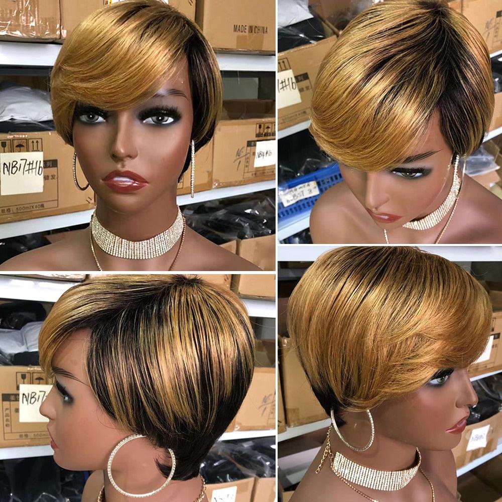 Short Pixie Cut Wig Human Hair Wigs Straight Bob Wigs With Bangs Full Machine Human Hair Wig for Black Women Black & Ombre Wigs For Black Women Gifts for Girlfriends Stevvex