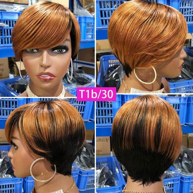Short Pixie Cut Wig Human Hair Wigs Straight Bob Wigs With Bangs Full Machine Human Hair Wig for Black Women Black & Ombre Wigs For Black Women Gifts for Girlfriends Stevvex