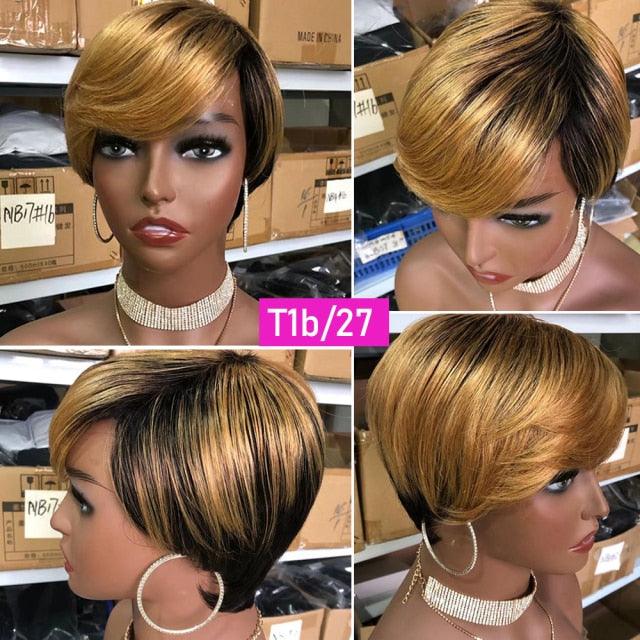 Short Pixie Cut Wig Human Hair Wigs Straight Bob Wigs With Bangs Full Machine Human Hair Wig for Black Women Black & Ombre Wigs For Black Women Gifts for Girlfriends Stevvex