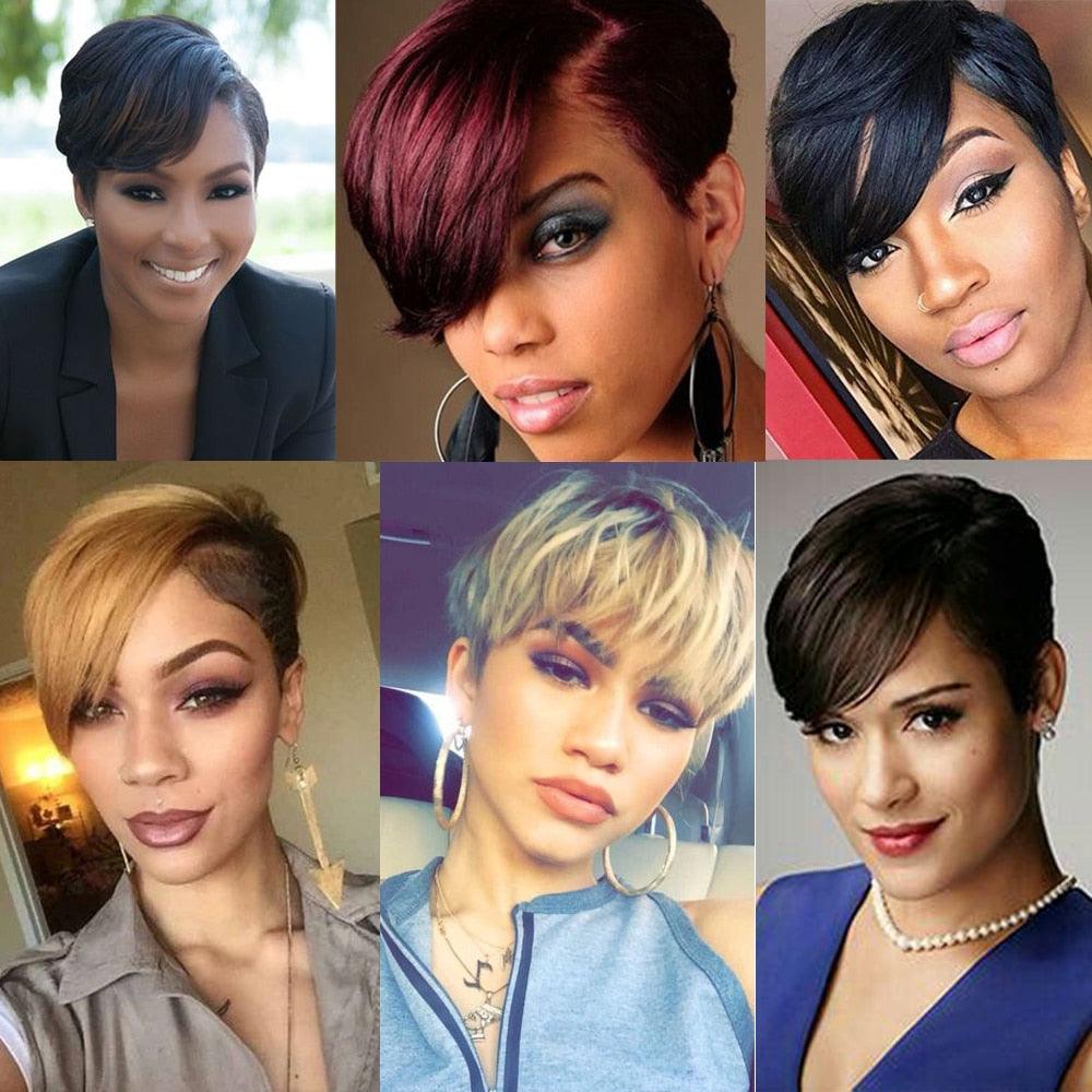 Short Pixie Cut Wig Human Hair Wigs Straight Bob Wigs With Bangs Full Machine Human Hair Wig for Black Women Black & Ombre Wigs For Black Women Gifts for Girlfriends Stevvex