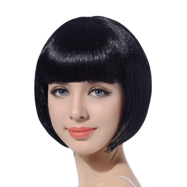 Short Straight Synthetic Blonde Pink Red Black Brown Blue 10" Bob Wigs with Bangs for Women Halloween Cosplay Party For Black Women Gifts for Girlfriends Stevvex