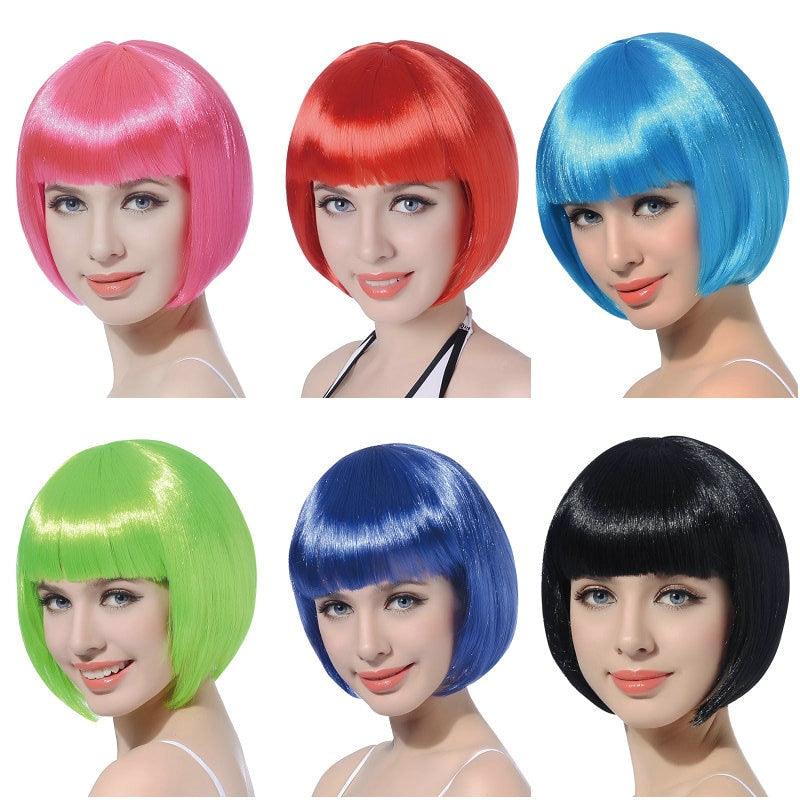 Short Straight Synthetic Blonde Pink Red Black Brown Blue 10" Bob Wigs with Bangs for Women Halloween Cosplay Party For Black Women Gifts for Girlfriends Stevvex