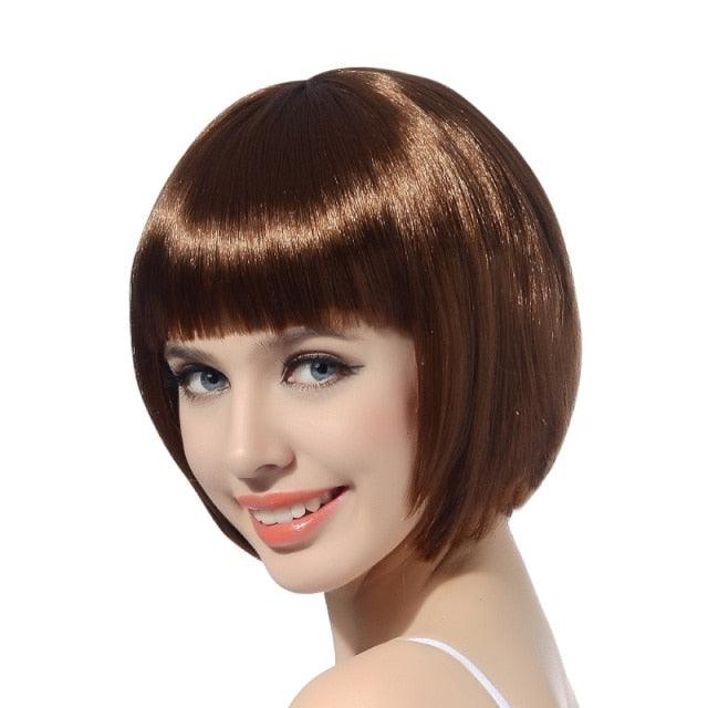 Short Straight Synthetic Blonde Pink Red Black Brown Blue 10" Bob Wigs with Bangs for Women Halloween Cosplay Party For Black Women Gifts for Girlfriends Stevvex