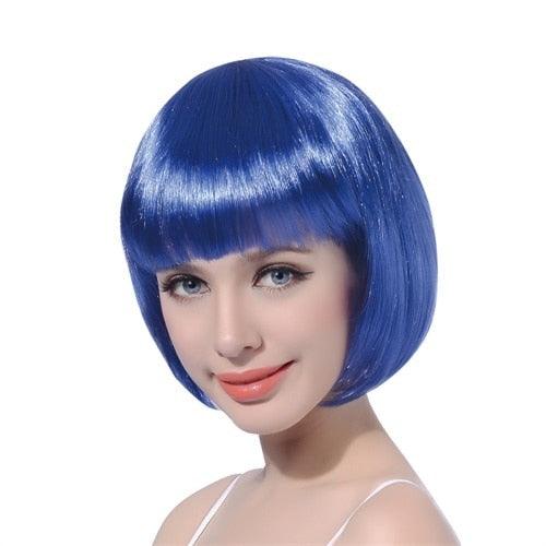Short Straight Synthetic Blonde Pink Red Black Brown Blue 10" Bob Wigs with Bangs for Women Halloween Cosplay Party For Black Women Gifts for Girlfriends Stevvex