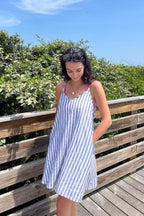 Short Tent Dress in Linen Stripes Purplish Diva