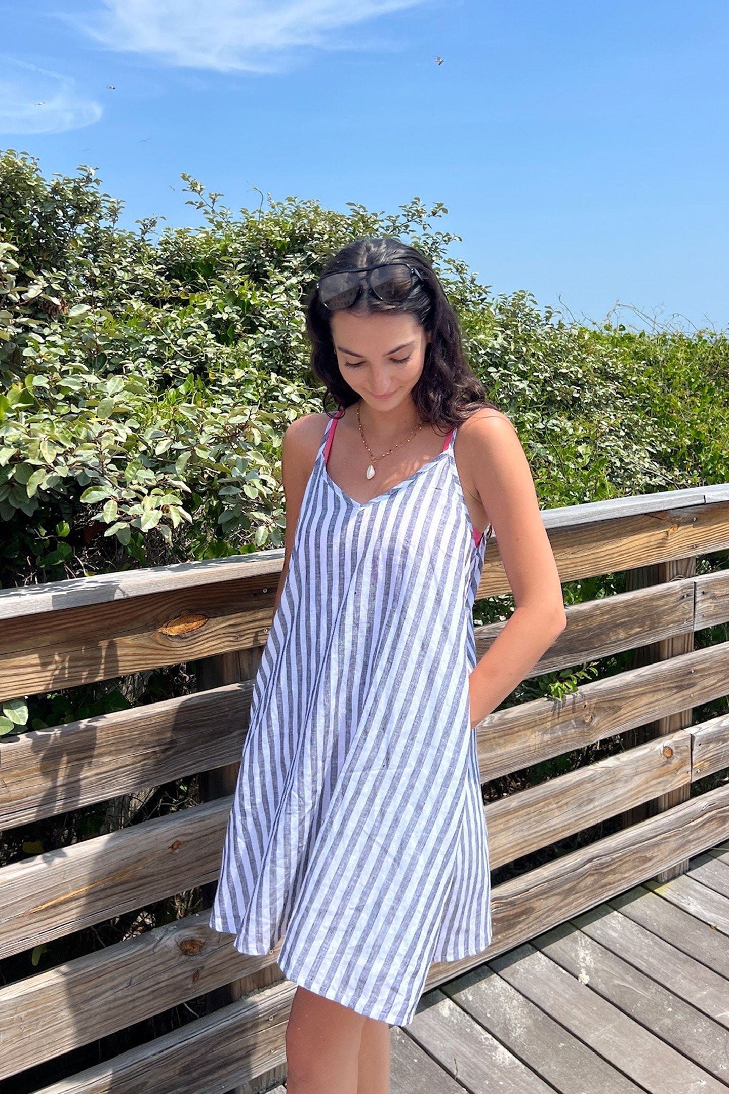 Short Tent Dress in Linen Stripes Purplish Diva