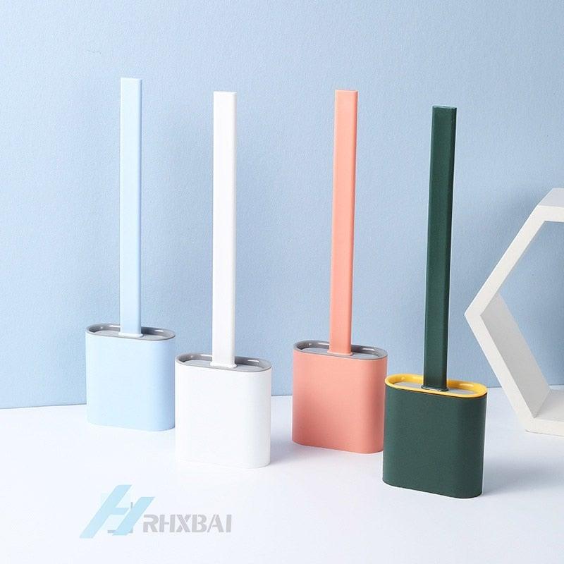 Silicone Bristles Toilet Brush And Holder For Bathroom Storage And Organization Compact Wall Hang Cleaning Kit Accessories Silicone Toilet Brush With Holder Bathroom Toilet Bowl Brush Set Non-Slip Handle Wall Mounted Floor Standing Stevvex