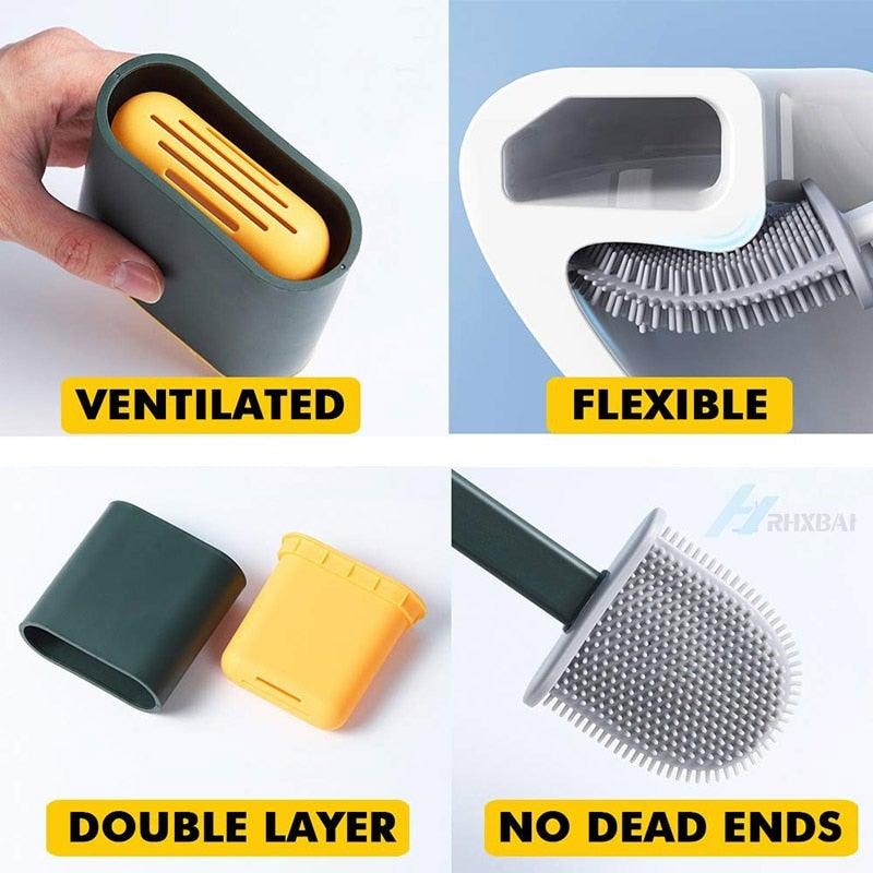 Silicone Bristles Toilet Brush And Holder For Bathroom Storage And Organization Compact Wall Hang Cleaning Kit Accessories Silicone Toilet Brush With Holder Bathroom Toilet Bowl Brush Set Non-Slip Handle Wall Mounted Floor Standing Stevvex