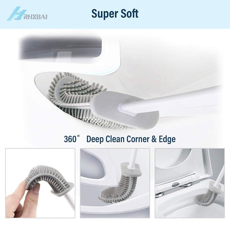 Silicone Bristles Toilet Brush And Holder For Bathroom Storage And Organization Compact Wall Hang Cleaning Kit Accessories Silicone Toilet Brush With Holder Bathroom Toilet Bowl Brush Set Non-Slip Handle Wall Mounted Floor Standing Stevvex