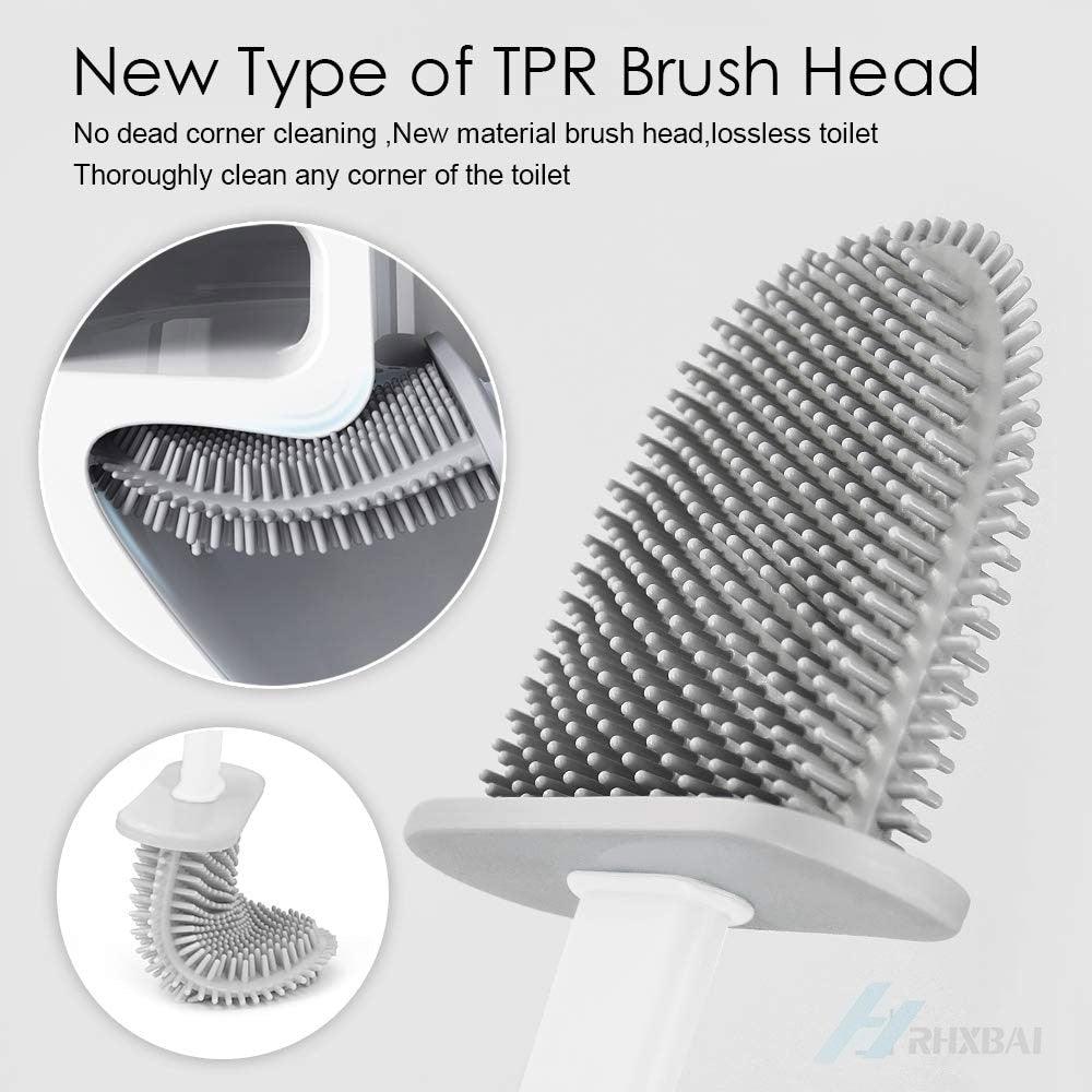 Silicone Bristles Toilet Brush And Holder For Bathroom Storage And Organization Compact Wall Hang Cleaning Kit Accessories Silicone Toilet Brush With Holder Bathroom Toilet Bowl Brush Set Non-Slip Handle Wall Mounted Floor Standing Stevvex