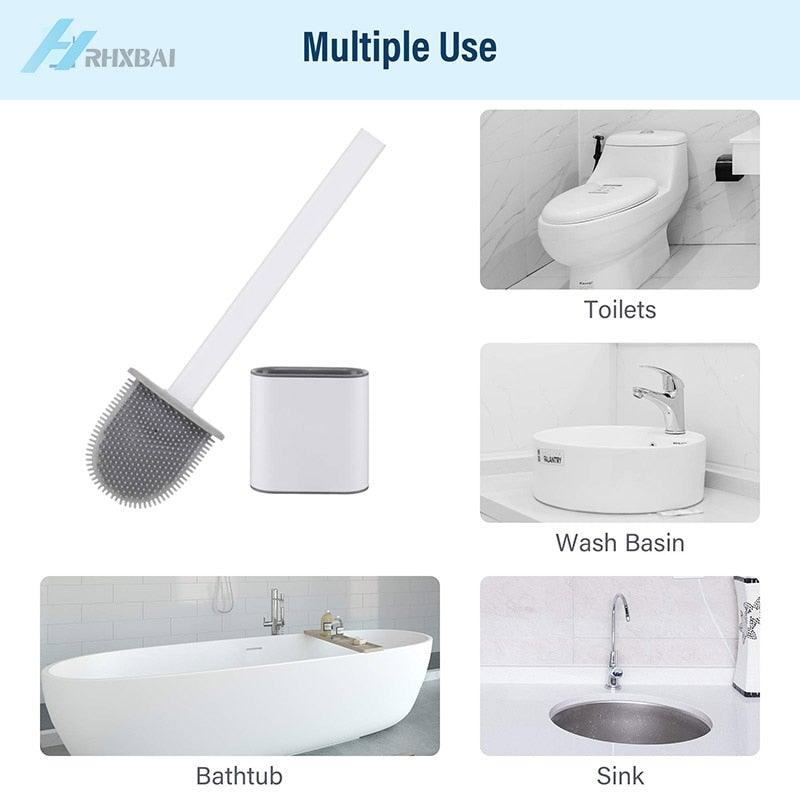 Silicone Bristles Toilet Brush And Holder For Bathroom Storage And Organization Compact Wall Hang Cleaning Kit Accessories Silicone Toilet Brush With Holder Bathroom Toilet Bowl Brush Set Non-Slip Handle Wall Mounted Floor Standing Stevvex