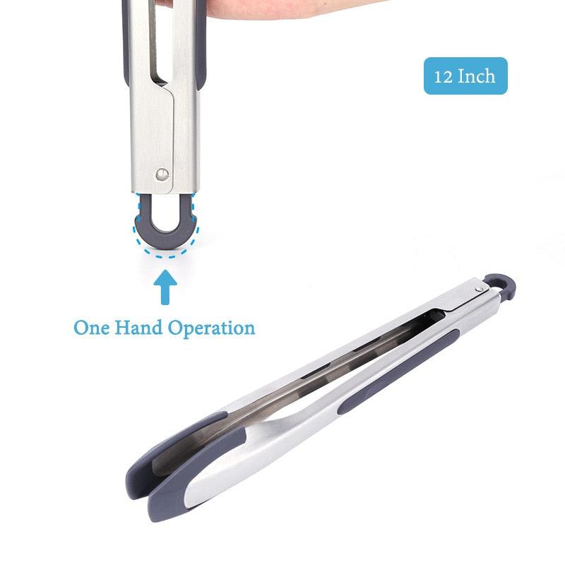 Silicone Food Tongs for Cooking Stainless Steel Kitchen Tongs One-Hand Operation Non-Slip Salad Food Tong Grill BBQ Accessories Soft-Touch Handle Silicone Tipped Food Grill For BBQ Cooking Tongs Stevvex