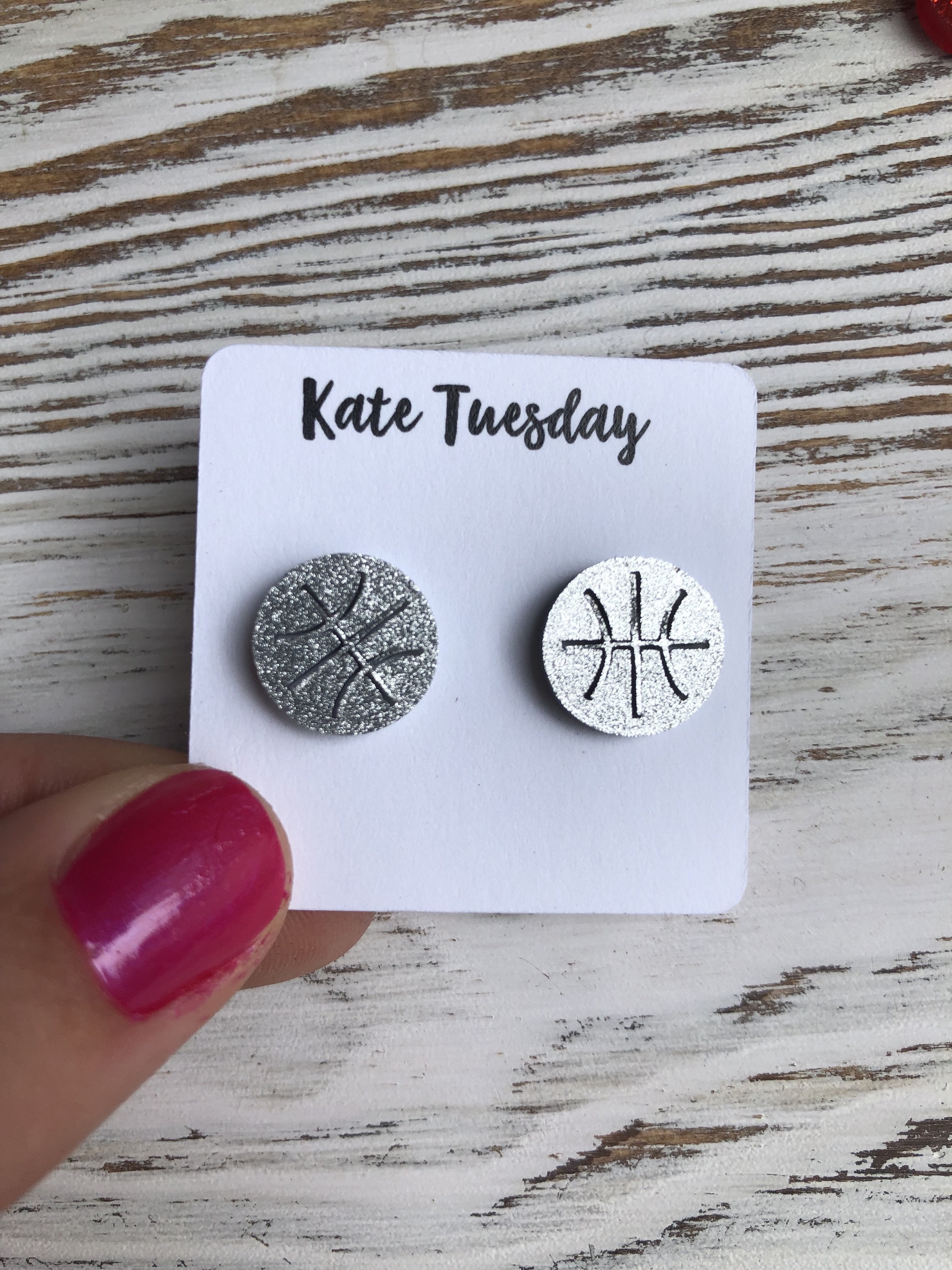 Silver Basketball Sparkle Acrylic Stud Earrings For Women