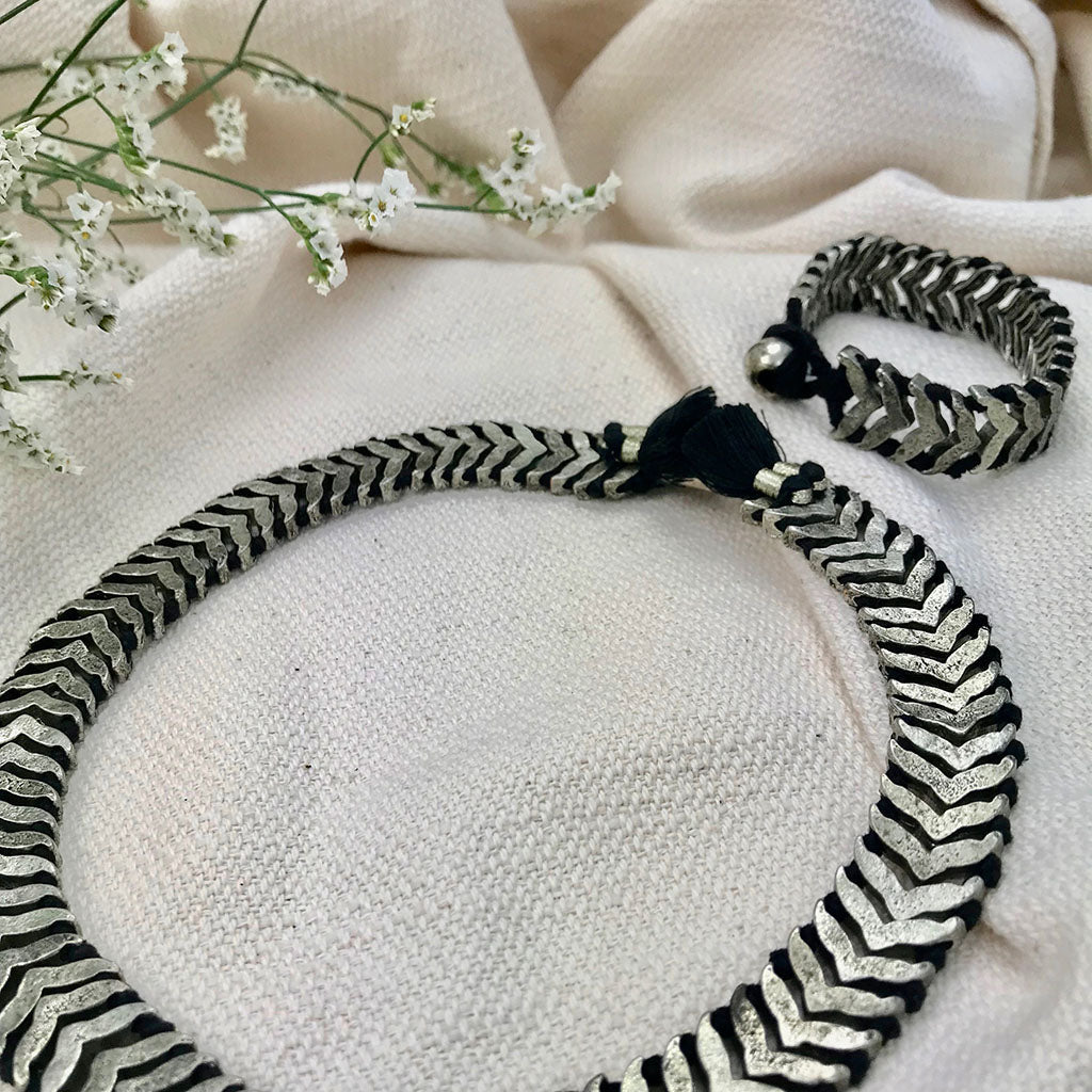 Silver Collar Necklace Statement Snake Chain With Cotton Tassels 17 Inch BandsCo Straps