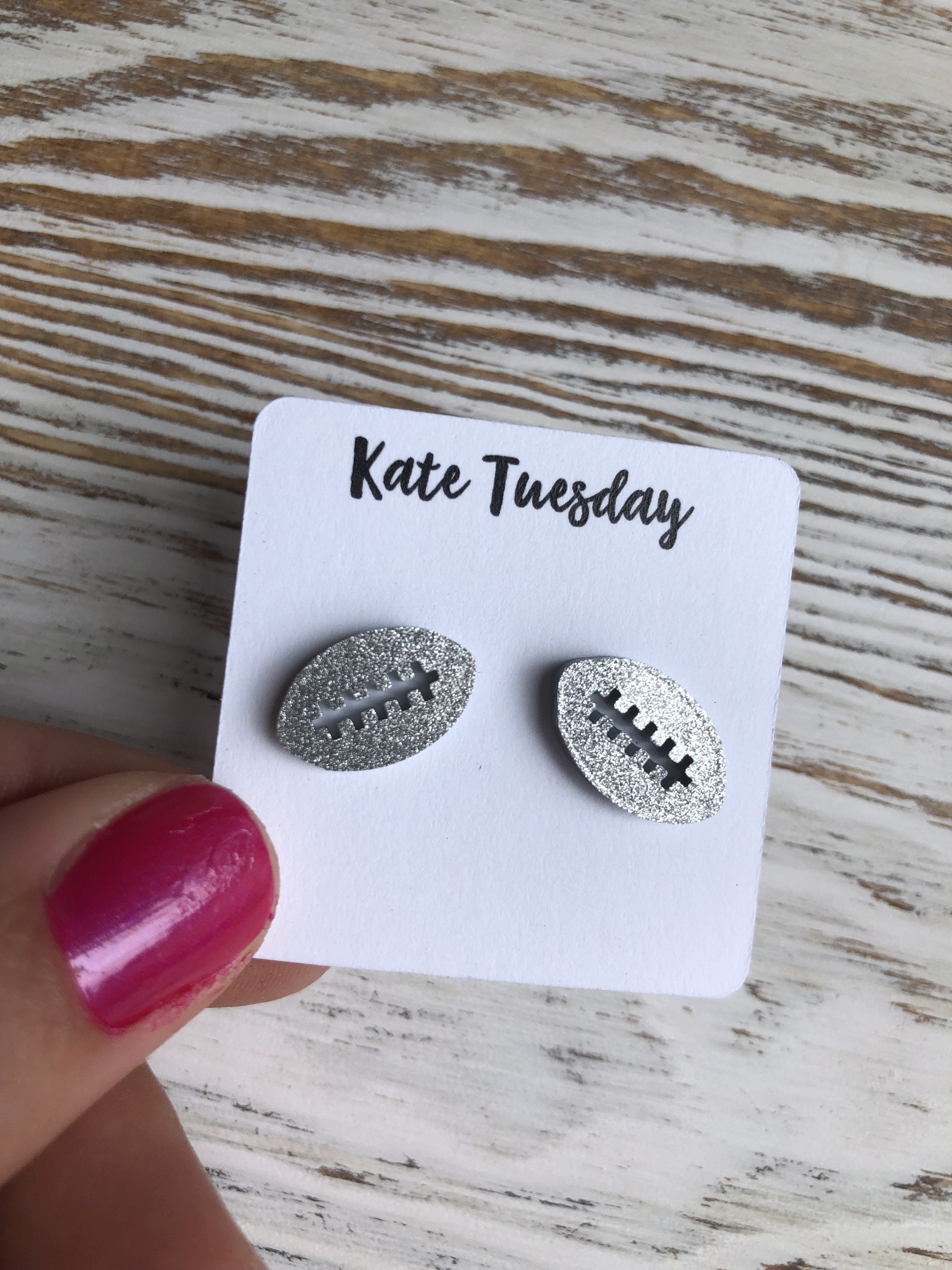 Silver Glitter Football Stud Earrings Acrylic Jewelry