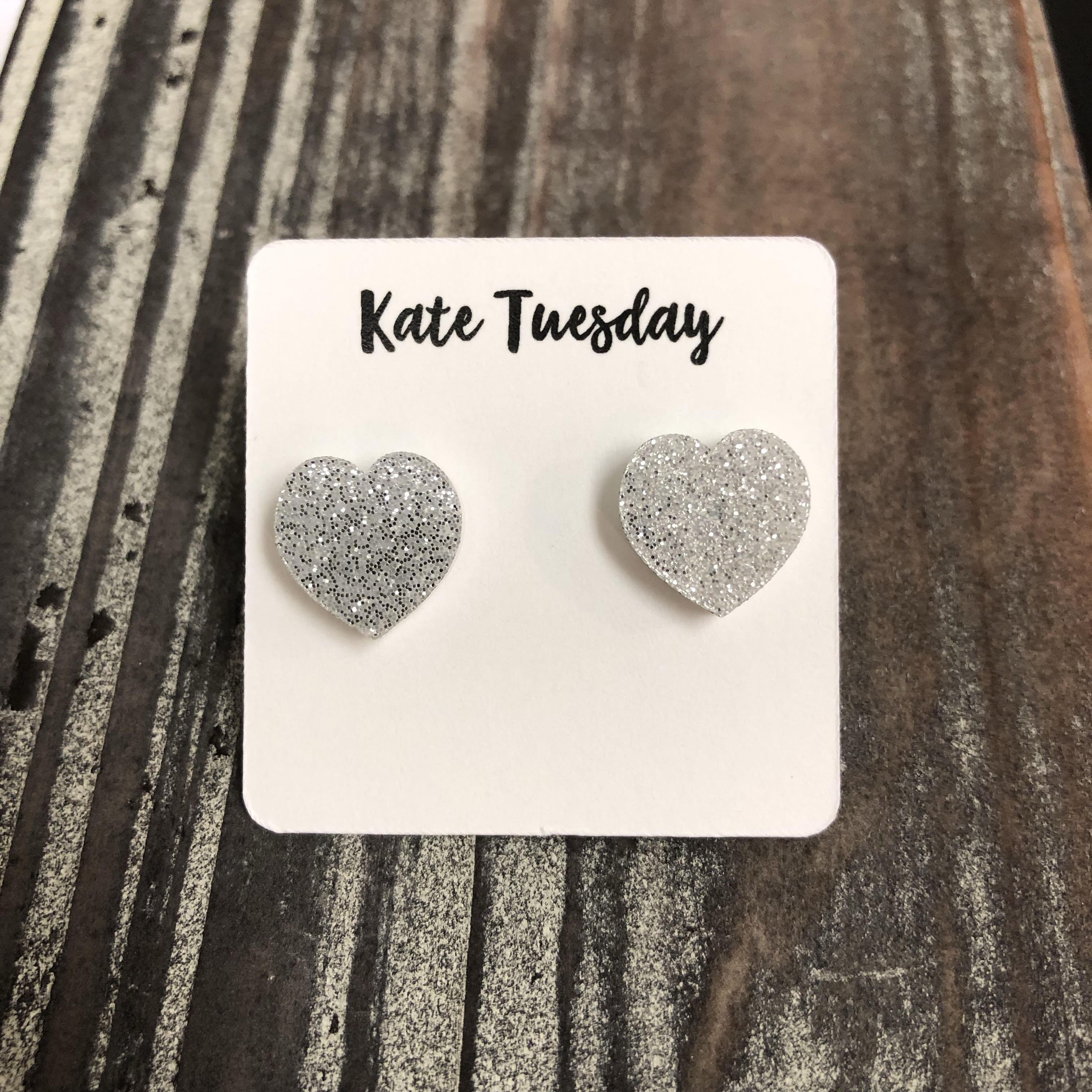 Silver Glitter Heart Stud Earrings For Women Everyday