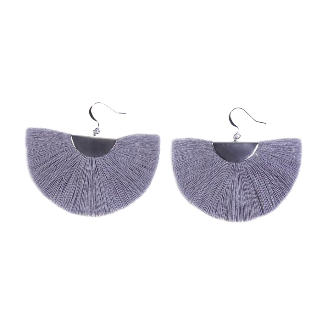 Silver Half Moon Fan Earrings Boho Cotton Fringe Drop Lightweight Handmade 2 x 2.5 Inches BandsCo Straps