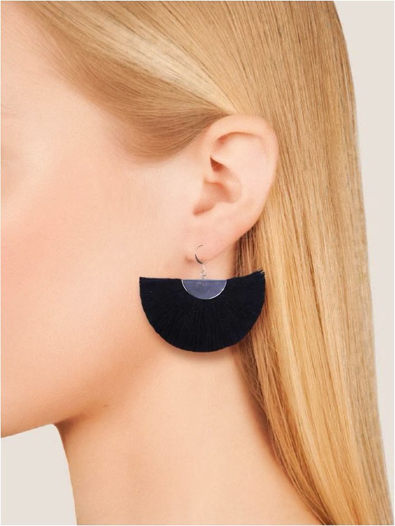 Silver Half Moon Fan Earrings Boho Cotton Fringe Drop Lightweight Handmade 2 x 2.5 Inches BandsCo Straps
