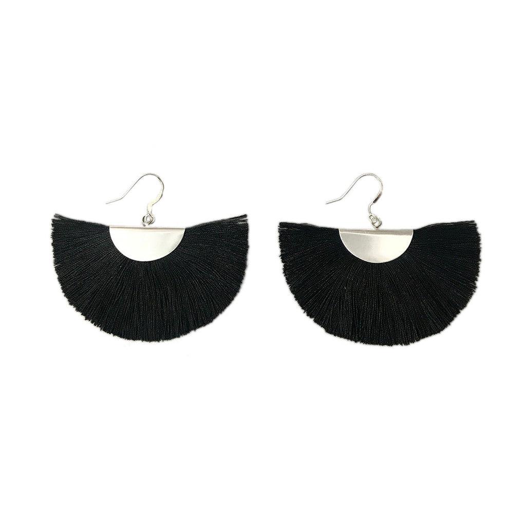 Silver Half Moon Fan Earrings Boho Cotton Fringe Drop Lightweight Handmade 2 x 2.5 Inches BandsCo Straps