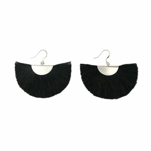 Silver Half Moon Fan Earrings Boho Cotton Fringe Drop Lightweight Handmade 2 x 2.5 Inches BandsCo Straps