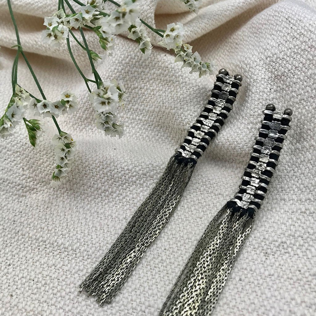 Silver Temple Tassel Earrings Boho Fringe Indian Statement 4.5in Handmade BandsCo Straps
