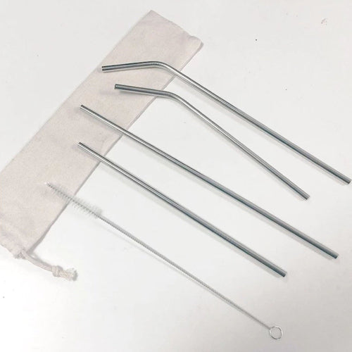 Reusable Stainless Steel Straw Set 6 Piece With Cleaning Brush Cotton Linen Bag Eco Gift BandsCo Straps