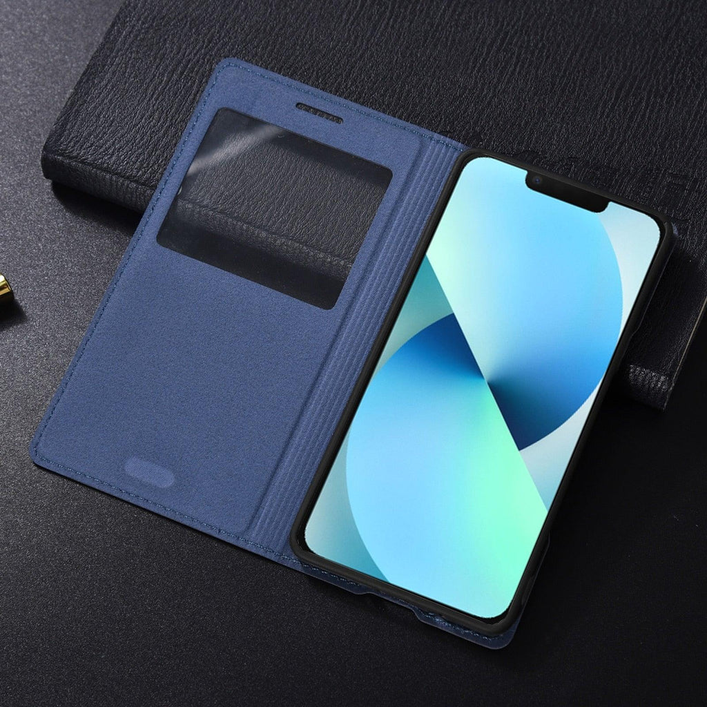 Simple Flip Ultra Thin Window Cover Leather Phone Case For iPhone 14 13 12 11 Pro Mini Luxury Leather Wallet Case Flip Cover Classic Simple iphone case Stevvex