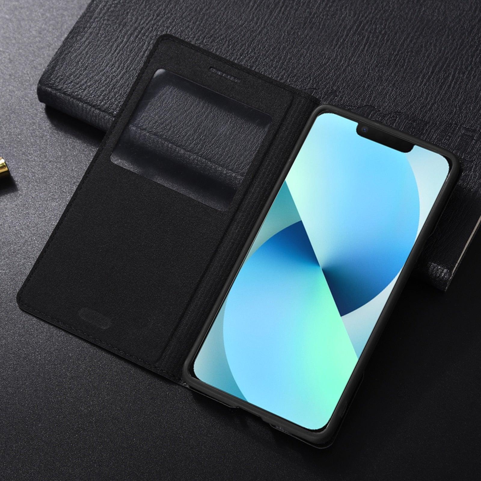 Simple Flip Ultra Thin Window Cover Leather Phone Case For iPhone 14 13 12 11 Pro Mini Luxury Leather Wallet Case Flip Cover Classic Simple iphone case Stevvex