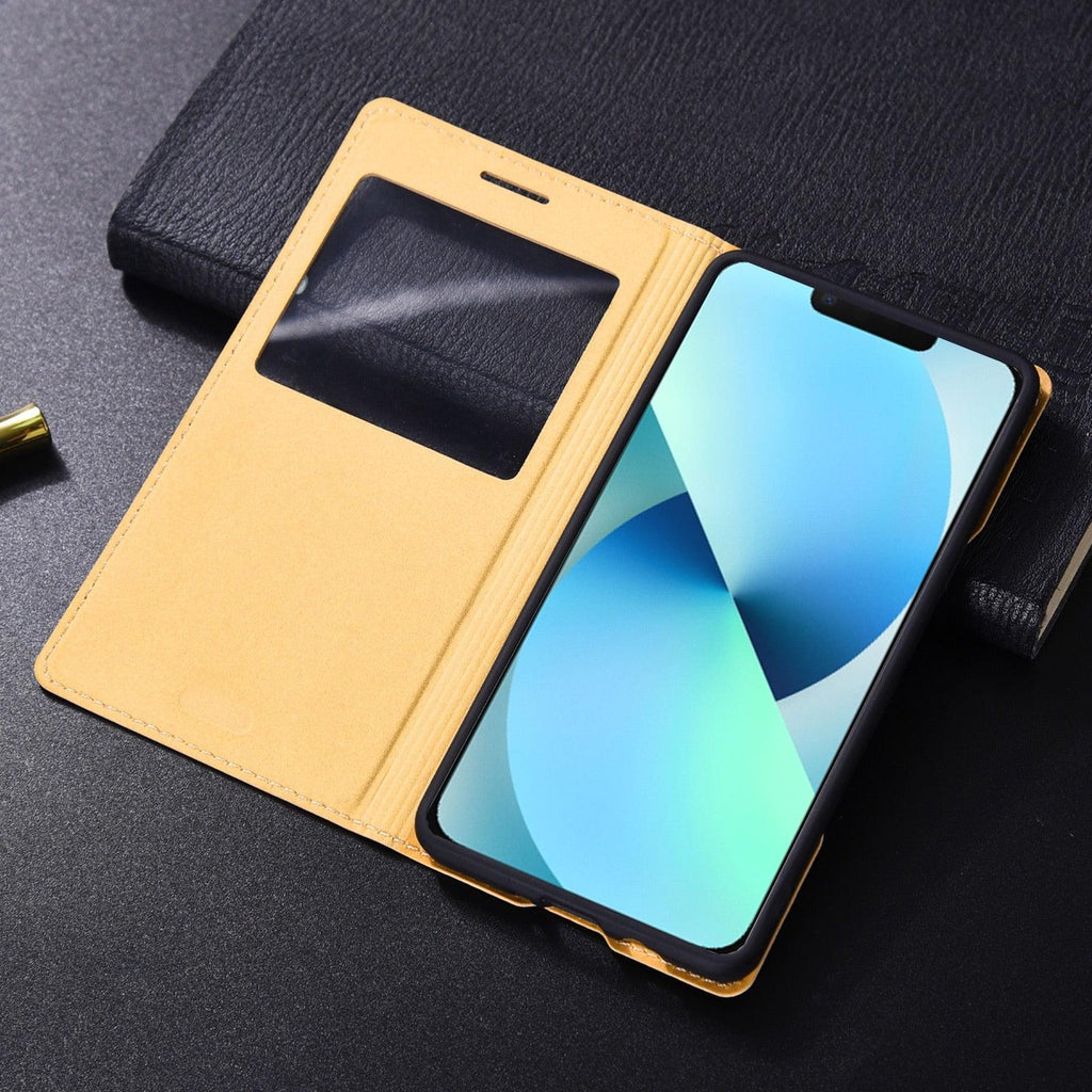 Simple Flip Ultra Thin Window Cover Leather Phone Case For iPhone 14 13 12 11 Pro Mini Luxury Leather Wallet Case Flip Cover Classic Simple iphone case Stevvex