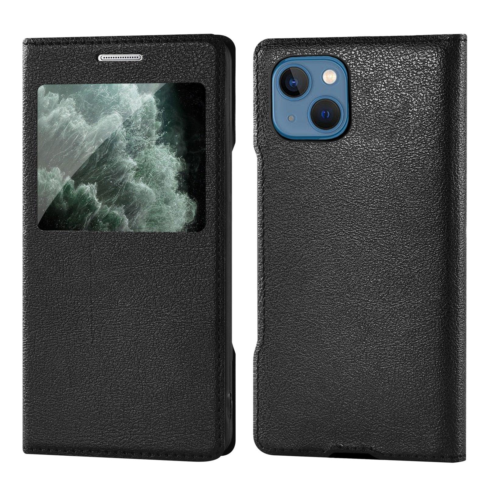 Simple Flip Ultra Thin Window Cover Leather Phone Case For iPhone 14 13 12 11 Pro Mini Luxury Leather Wallet Case Flip Cover Classic Simple iphone case Stevvex