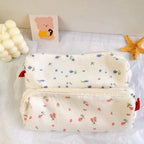 Simple Small Flowers White Fresh Style Pencil Bag Students Pencil Cases Unique Makeup Lightweight Cosmetic Bag Pouch Stevvex