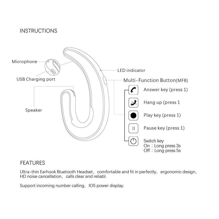 Single Bluetooth Office Headphone Exquisite Painless Wearing Earphone Wireless Noise Cancelling Earbuds Handsfree Bone Conduction Headset Wireless Over Ear Hooks Earbuds Ergonomic Design Headphones with Mic Stevvex